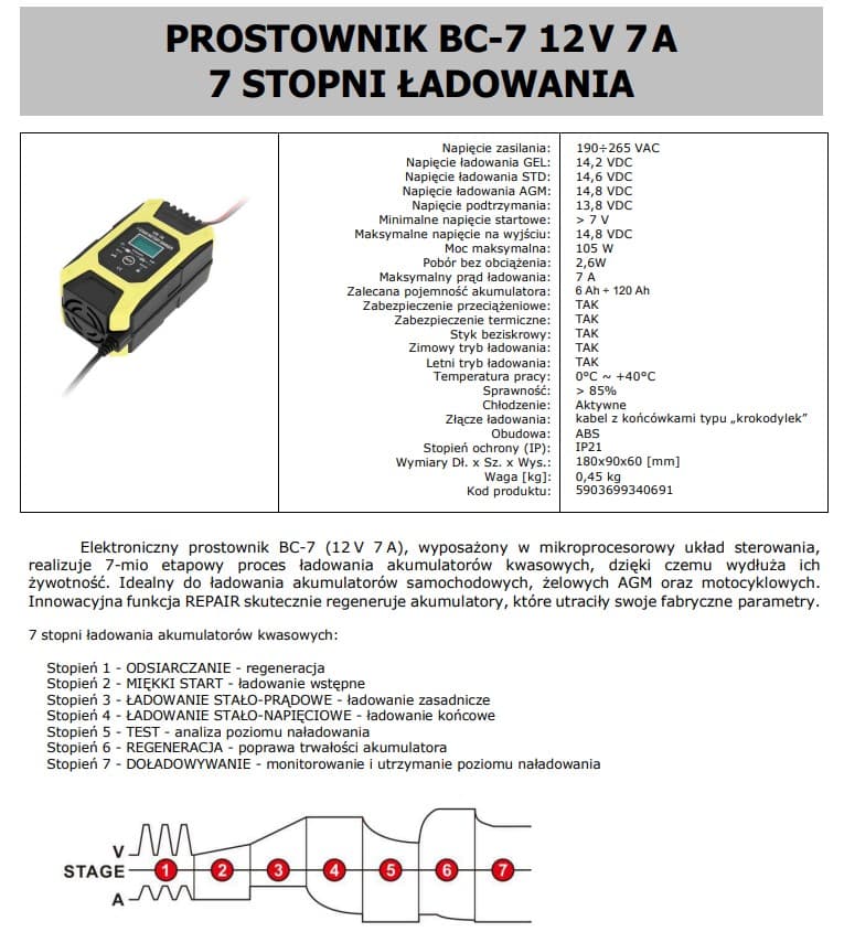 AZO BC-7 prostownik automatyczny do akumulatorów 12V 7A - ładowarka samochodowa