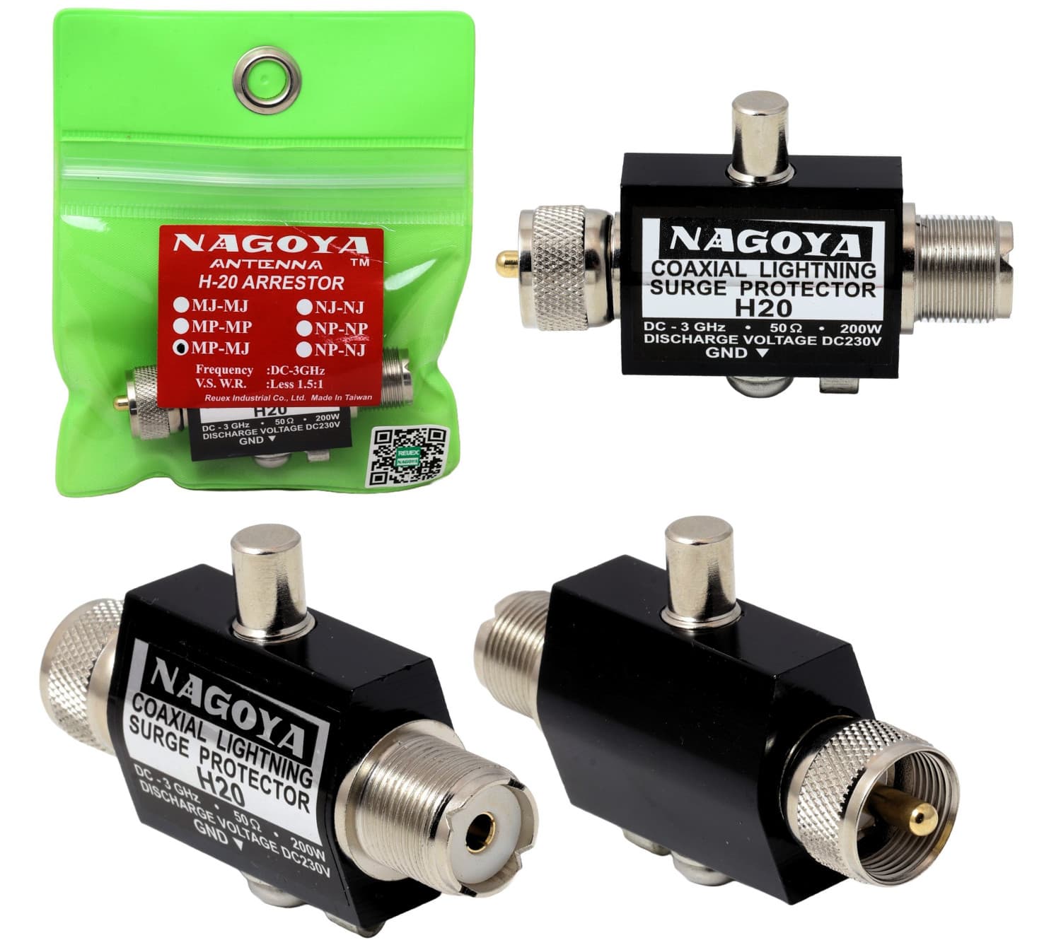 NAGOYA H20 MP-MJ odgromnik antenowy gazowy DC~3GHz 200W wtyk UC-1/gniazdo SO-239 do anten CB, KF, VHF, UHF, WLAN itp.
