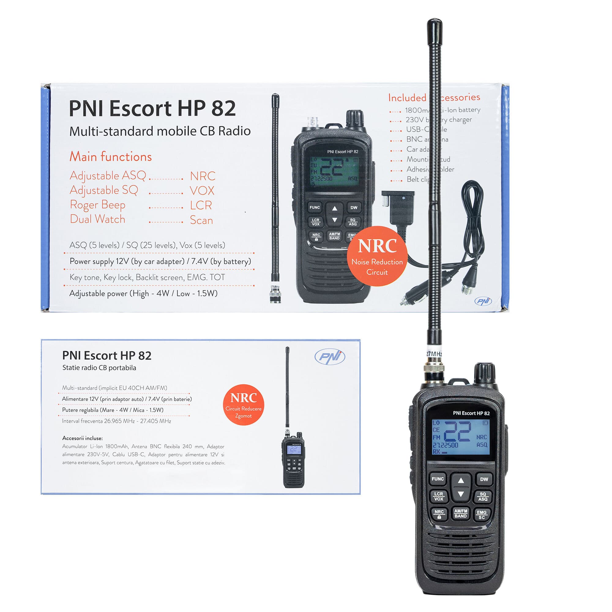 PNI Escort HP 82 CB radio ręczne / przenośne (ręczniak CB) + adapter samochodowy 12V + gniazdo do zewnętrznej anteny CB