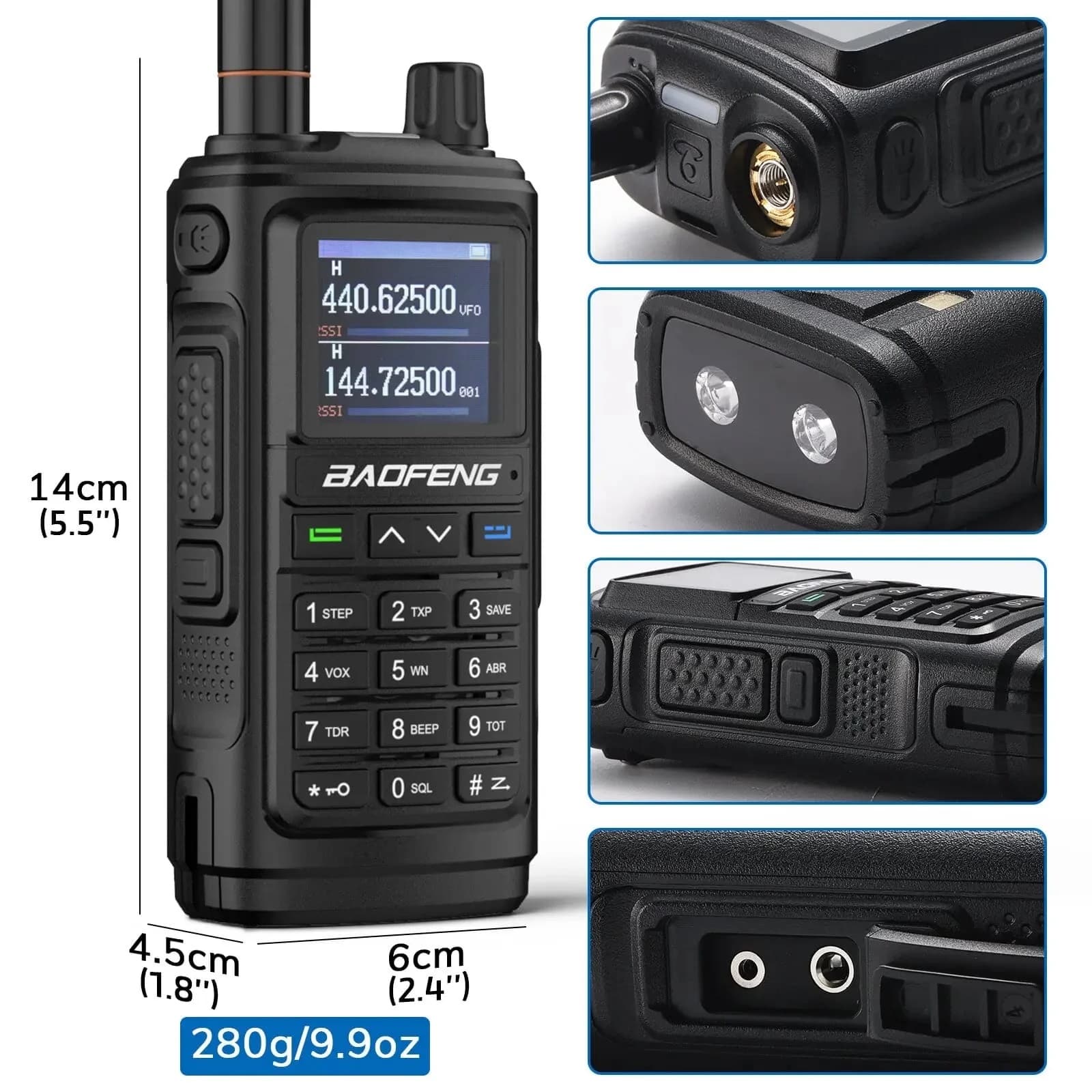 BAOFENG UV-17E radiotelefon ręczny 5W VHF/UHF 144-146/430-440MHz, wodoszczelny norma IP-54, radio FM, latarka LED, USB-C - kolor czarny