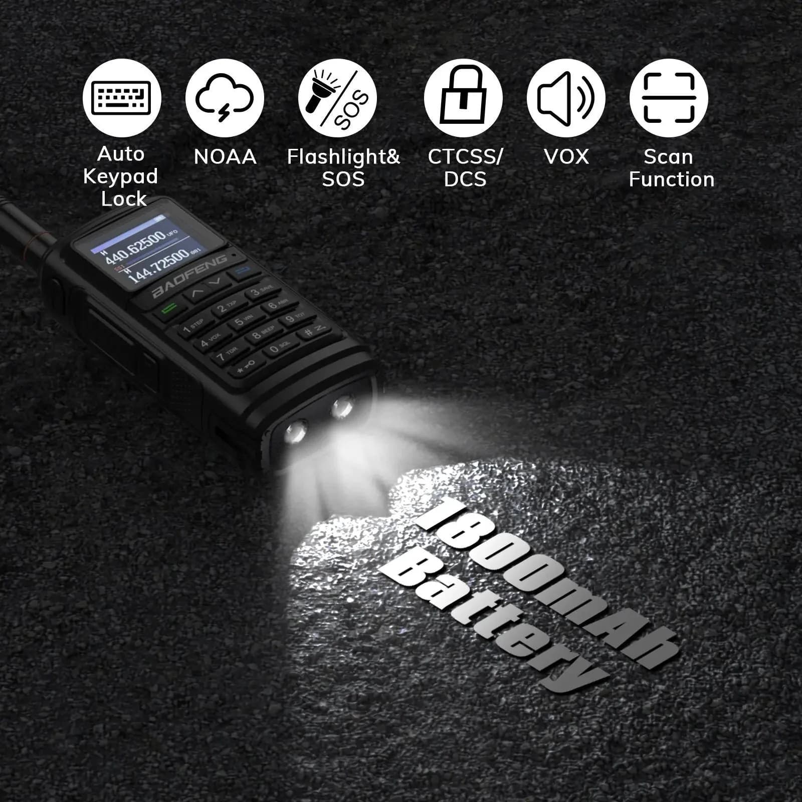 BAOFENG UV-17E radiotelefon ręczny 5W VHF/UHF 144-146/430-440MHz, wodoszczelny norma IP-54, radio FM, latarka LED, USB-C - kolor czarny