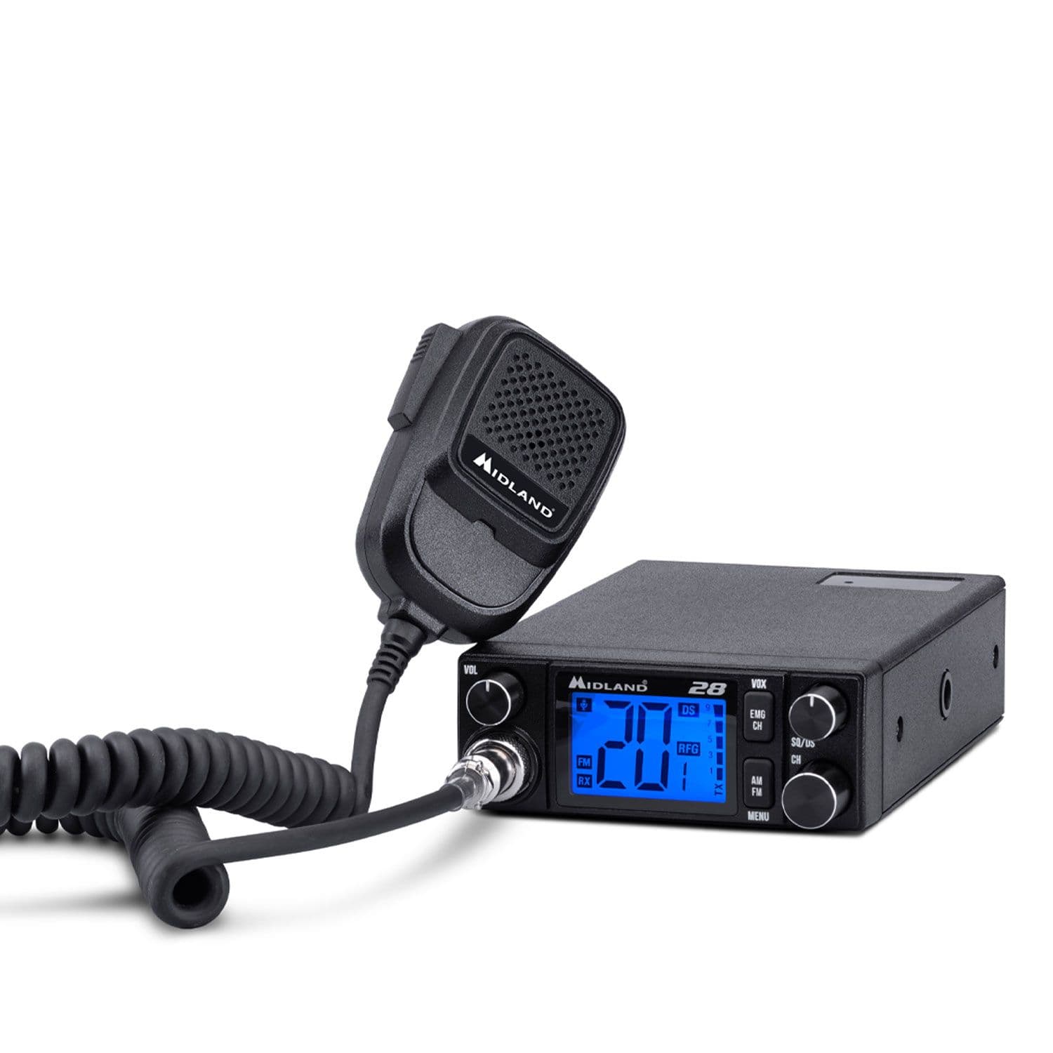 Midland 28 CB radio 12/24V, VOX, automatyczna blokada szumów, RF Gain, 7 kolorów podświetlenia - np. do ciężarówki, busa, traktora, kombajnu