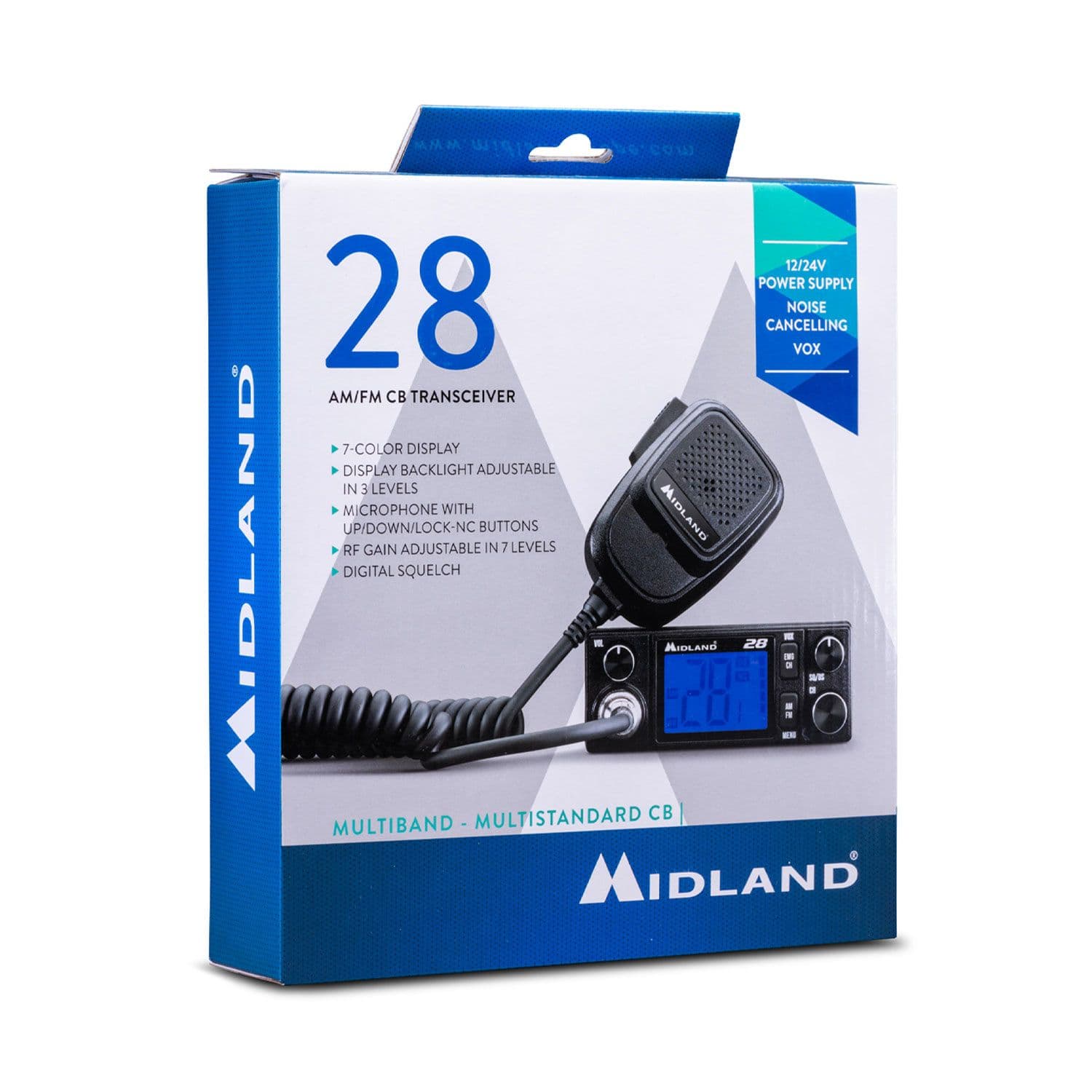 Midland 28 CB radio 12/24V, VOX, automatyczna blokada szumów, RF Gain, 7 kolorów podświetlenia - np. do ciężarówki, busa, traktora, kombajnu