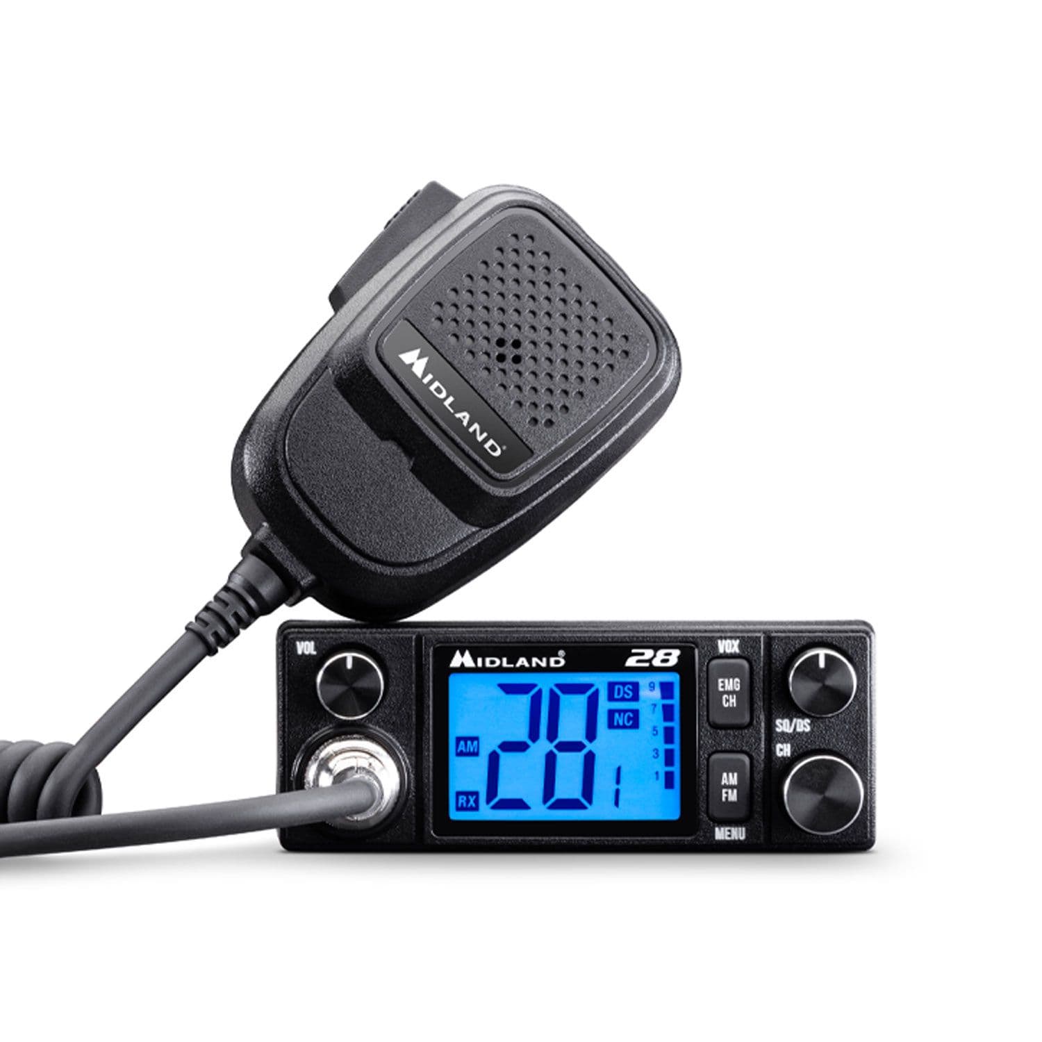 Midland 28 CB radio 12/24V, VOX, automatyczna blokada szumów, RF Gain, 7 kolorów podświetlenia - np. do ciężarówki, busa, traktora, kombajnu