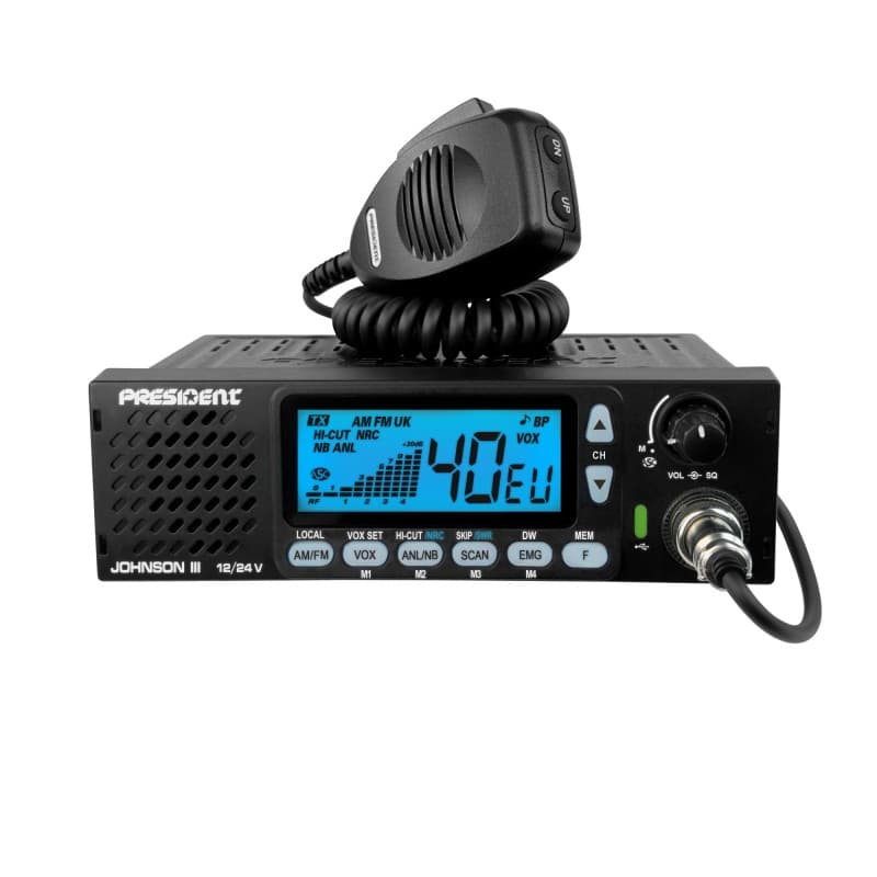 PRESIDENT JOHNSON III CB radio z głośnikiem z przodu, NRC, VOX, ASC, Roger Beep, zasilanie 12/24V, złącze USB-C - idealne do ciężarówki, busa, traktora, kampera