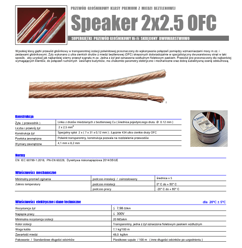 SATEC Hi‑Fi Premium kabel głośnikowy 2×2,5 mm² OFC Cu - 100% miedź beztlenowa (także kabel zasilający)