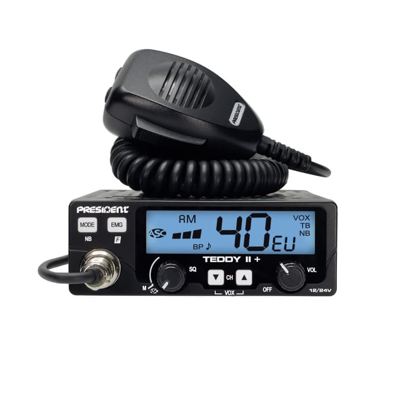 PRESIDENT TEDDY II + CB radio 12/24V z ASC, kompaktowe wymiary, 7 kolorów podświetlenia, VOX, bardzo prosta obsługa