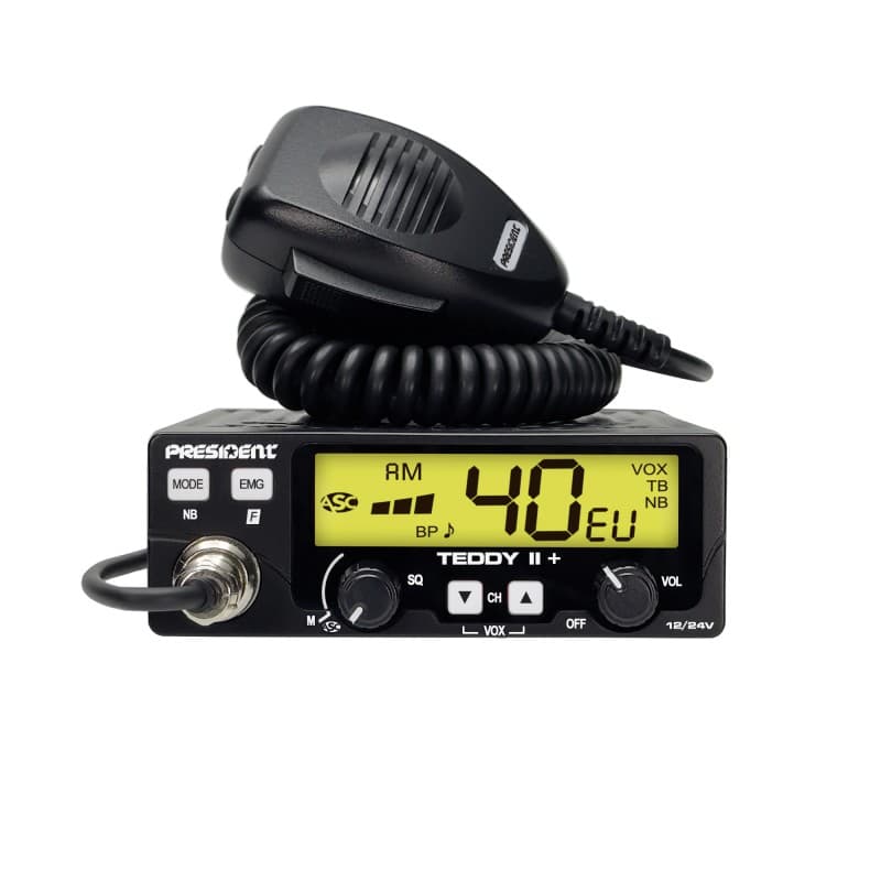 PRESIDENT TEDDY II + CB radio 12/24V z ASC, kompaktowe wymiary, 7 kolorów podświetlenia, VOX, bardzo prosta obsługa