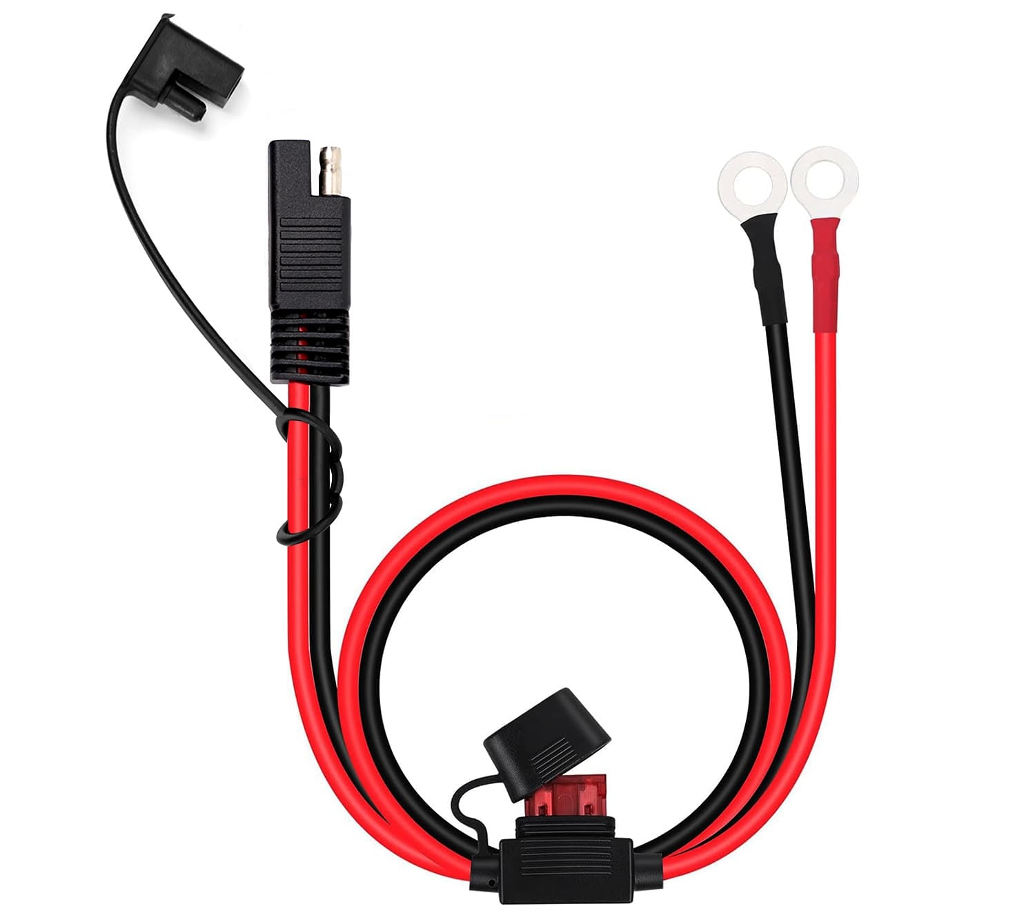 Kabel zasilający 18AWG długość 60cm złącza oczka M8 / wtyk SAE, oprawka bezpiecznik 10A - np. do Harley, Indian, Honda, samochody, kampery itp.