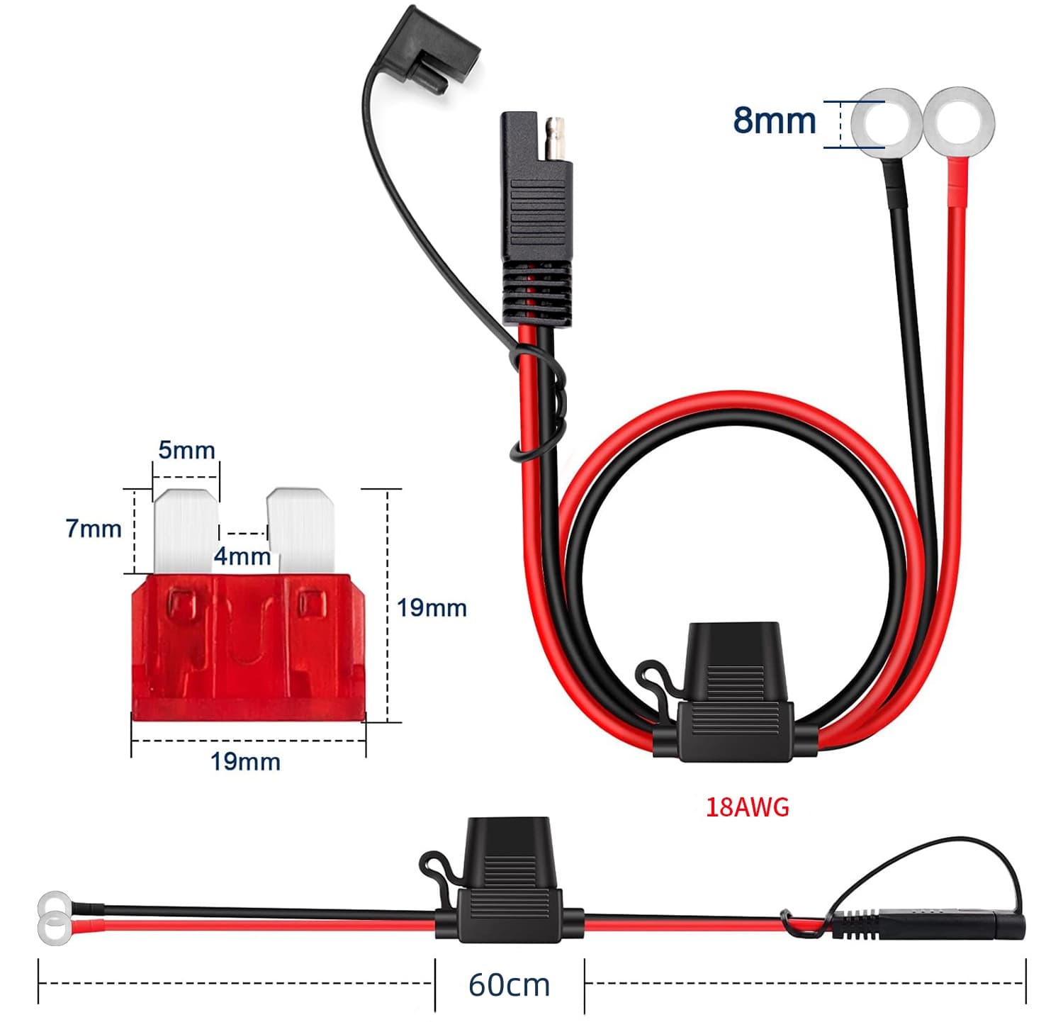 Kabel zasilający 18AWG długość 60cm złącza oczka M8 / wtyk SAE, oprawka bezpiecznik 10A - np. do Harley, Indian, Honda, samochody, kampery itp.