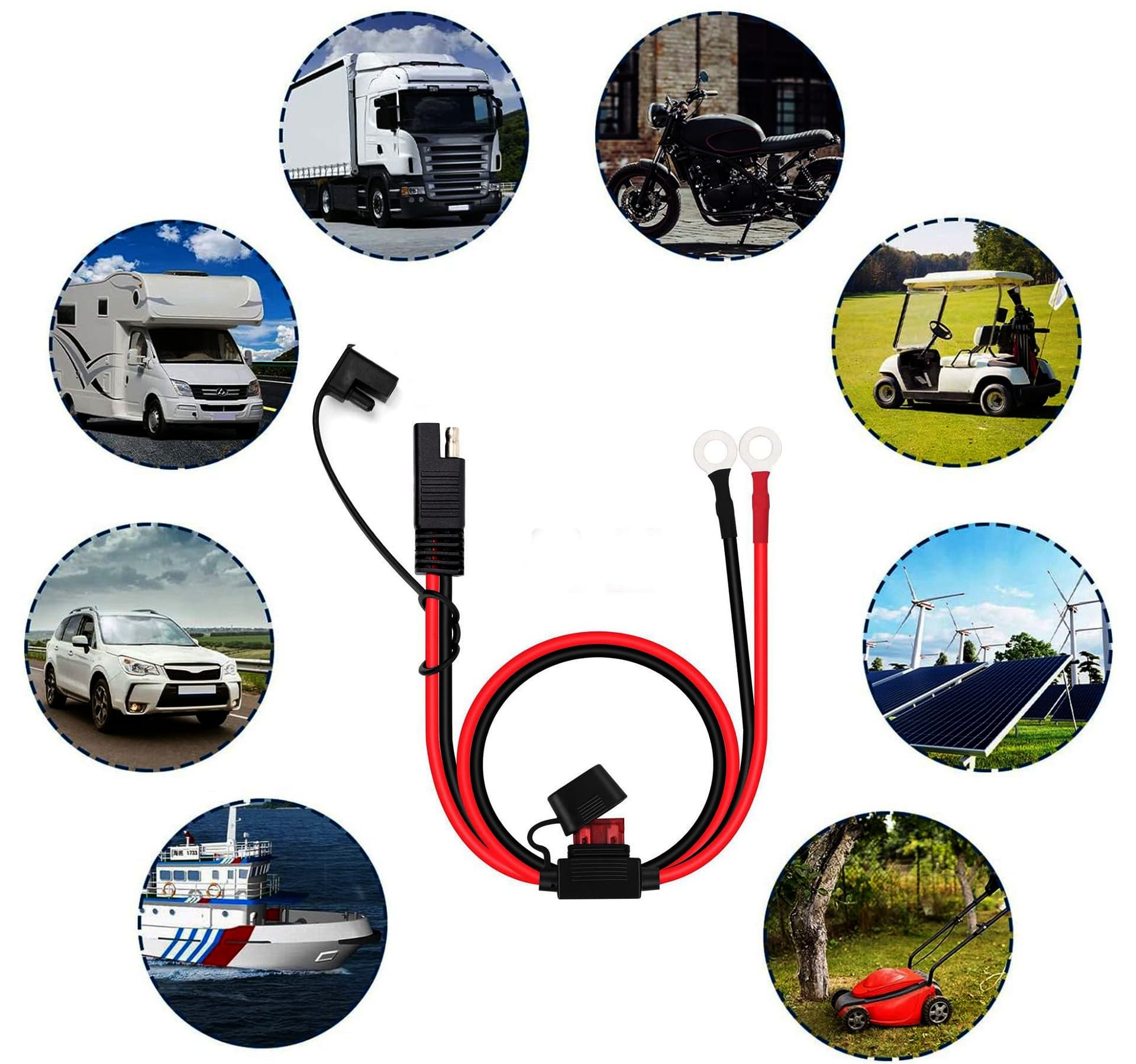 Kabel zasilający 18AWG długość 60cm złącza oczka M8 / wtyk SAE, oprawka bezpiecznik 10A - np. do Harley, Indian, Honda, samochody, kampery itp.