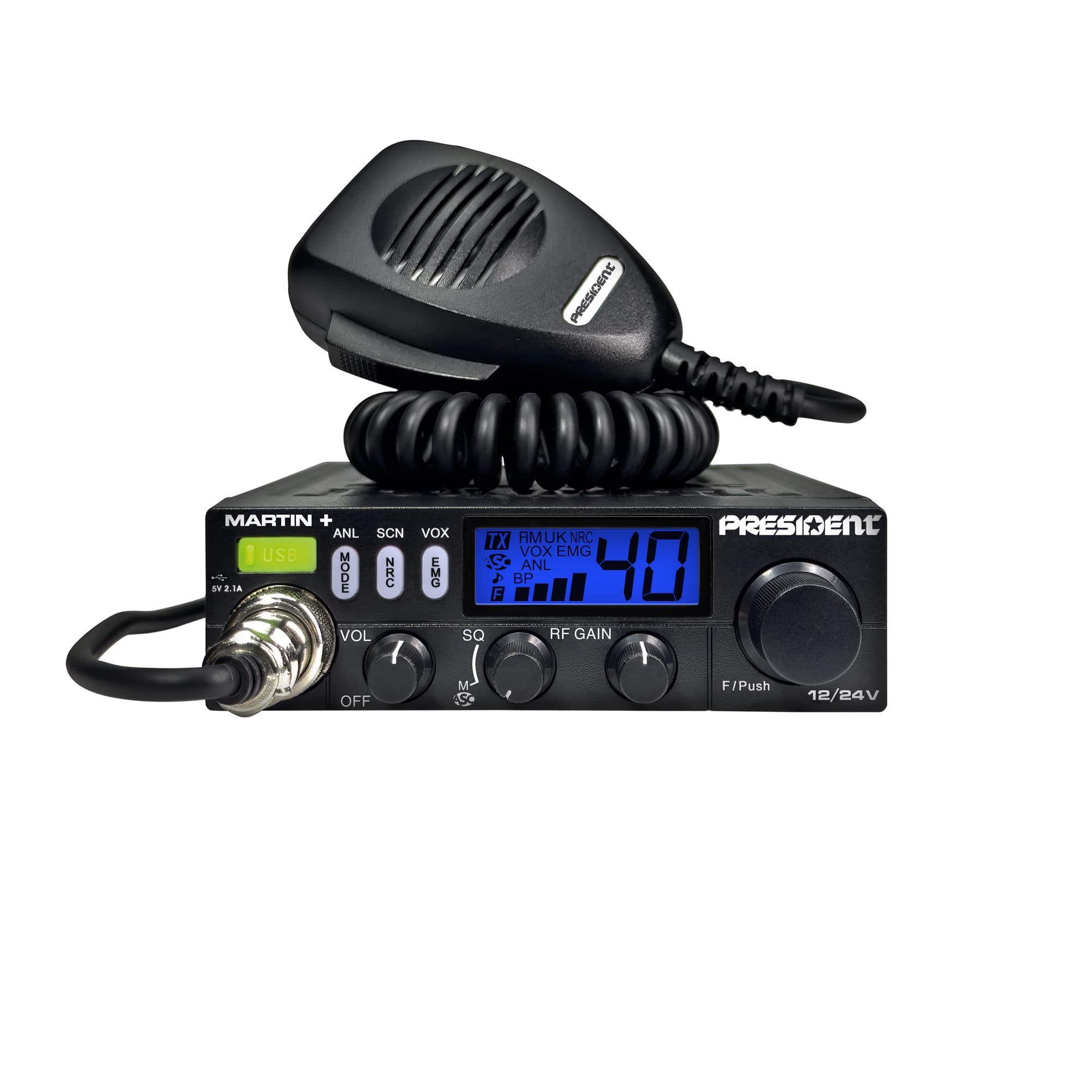 PRESIDENT MARTIN + kompaktowe radio CB 12/24V, ASC, RF Gain, NRC, port USB (President Martin Plus)