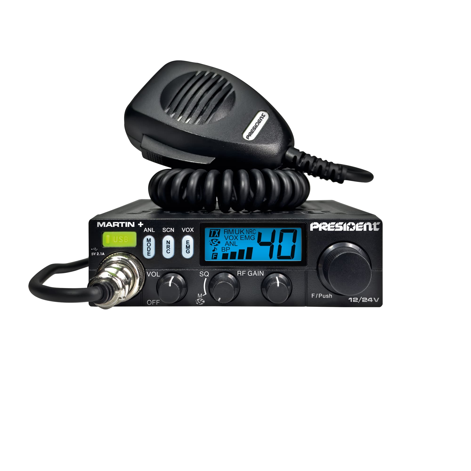 PRESIDENT MARTIN + kompaktowe radio CB 12/24V, ASC, RF Gain, NRC, port USB (President Martin Plus)