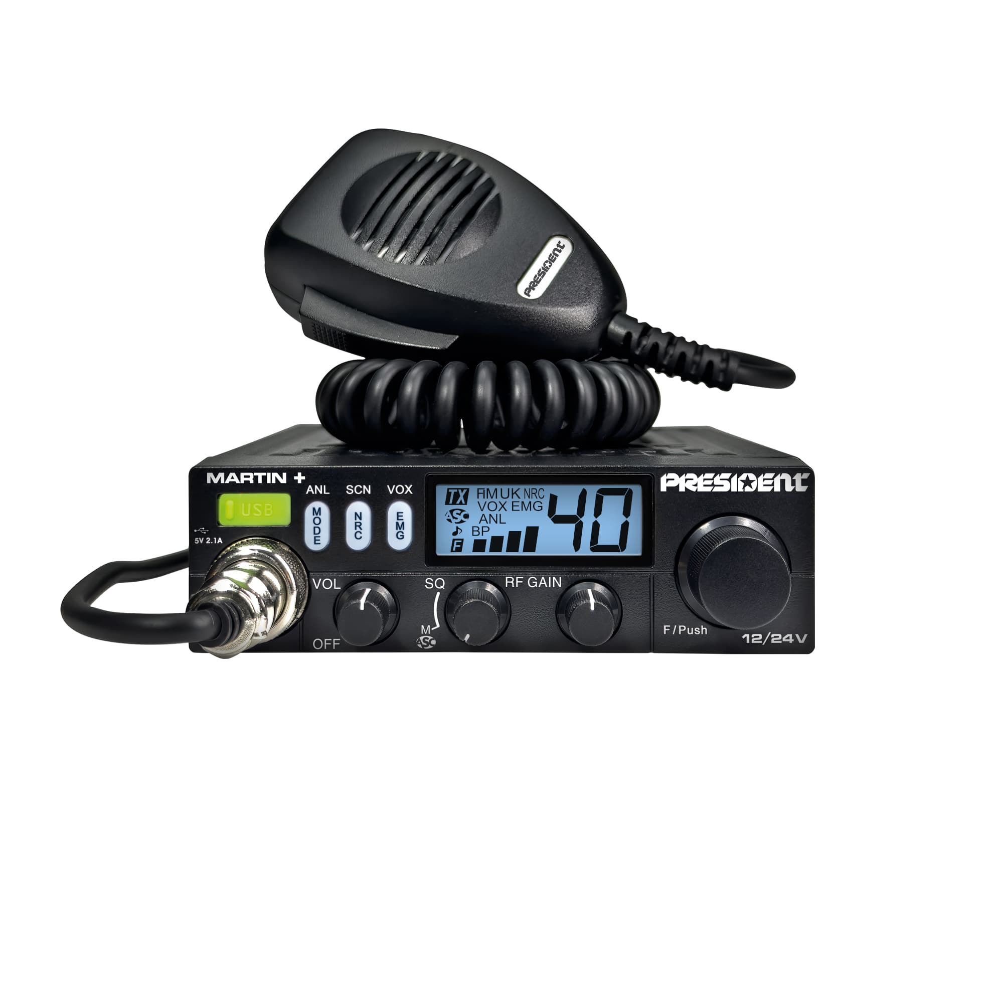 PRESIDENT MARTIN + kompaktowe radio CB 12/24V, ASC, RF Gain, NRC, port USB (President Martin Plus)
