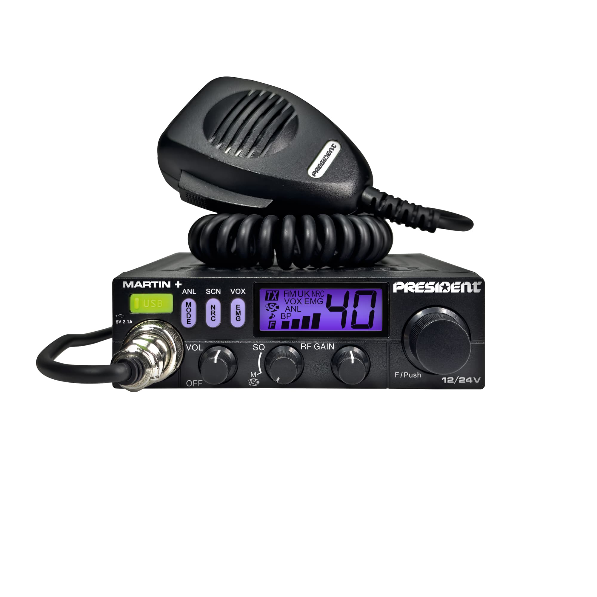 PRESIDENT MARTIN + kompaktowe radio CB 12/24V, ASC, RF Gain, NRC, port USB (President Martin Plus)