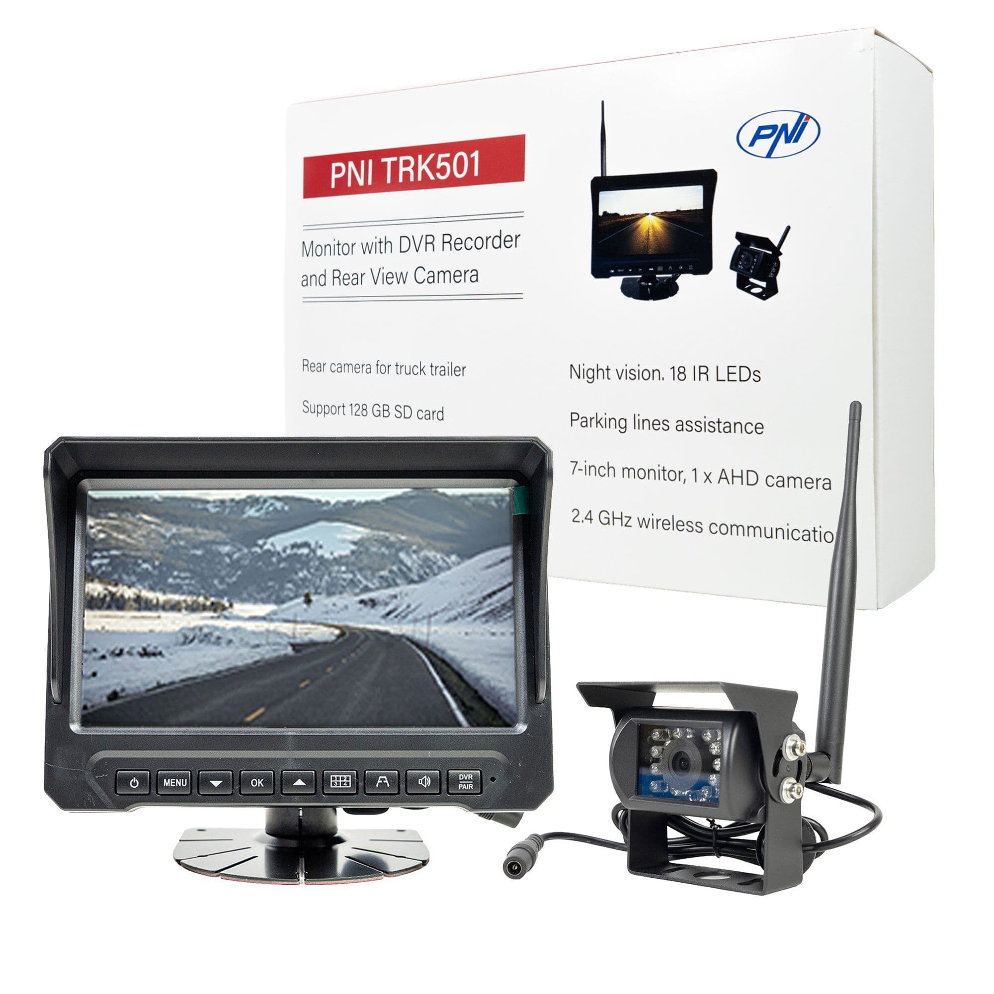 PNI TRK501 bezprzewodowa kamera cofania z monitorem LCD - nagrywanie, micro SD, diody IR - zestaw do samochodów ciężarowych, busów, maszyn itp.