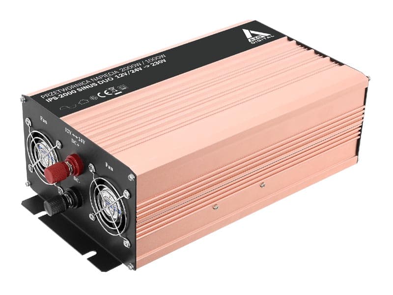 AZO IPS-2000S DUO PRZETWORNICA NAPIĘCIA 12V-24V/230V 2000W miękki start, CZYSTY SINUS np. pompy, lodówki, piece CO, systemy podtrzymania - 3 lata gwarancji