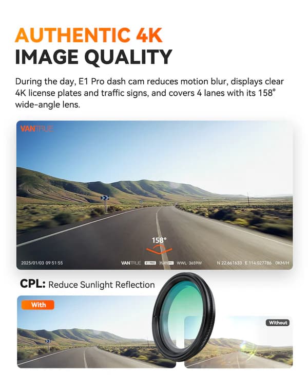 VANTRUE E1 PRO 4K Ultra HD wideorejestrator samochodowy - kamera samochodowa Vantrue Element 1 - 4K UHD, HDR, STARVIS 2