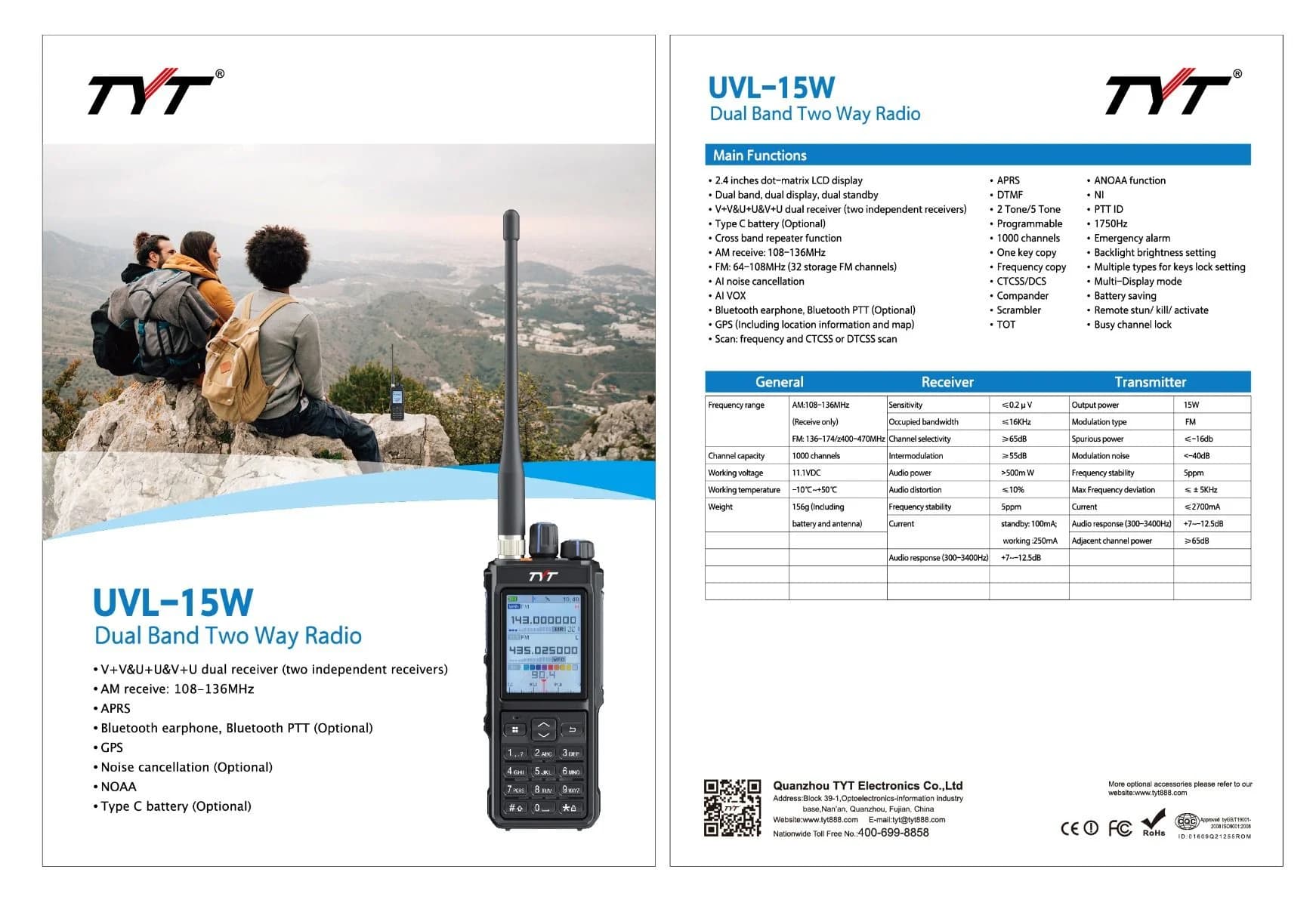 TYT UVL-15W EXPORT radiotelefon ręczny duża moc 15W VHF/UHF krótkofalówka GPS APRS, pasmo lotnicze, NOAA, USB-C, bluetooth