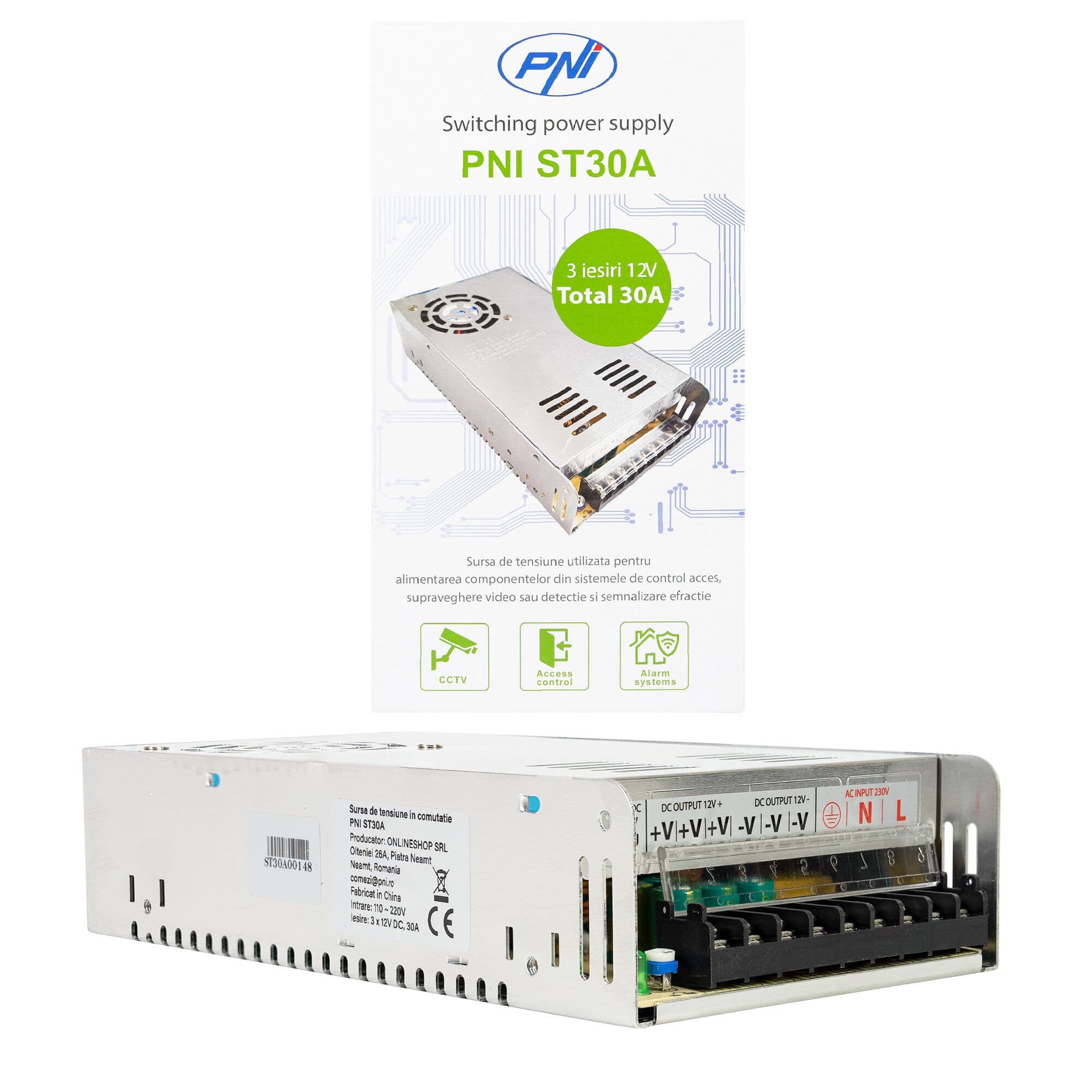 PNI ST30A zasilacz impulsowy stabilizowany 12V 30A 360W do monitoringu CCTV, LED, alarmu, automatyki, kamer IP, rejestratorów DVR