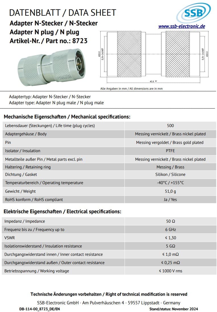 Adapter przejściówka N-M/N-M - beczka wtyki N z dwóch stron - SSB 8723