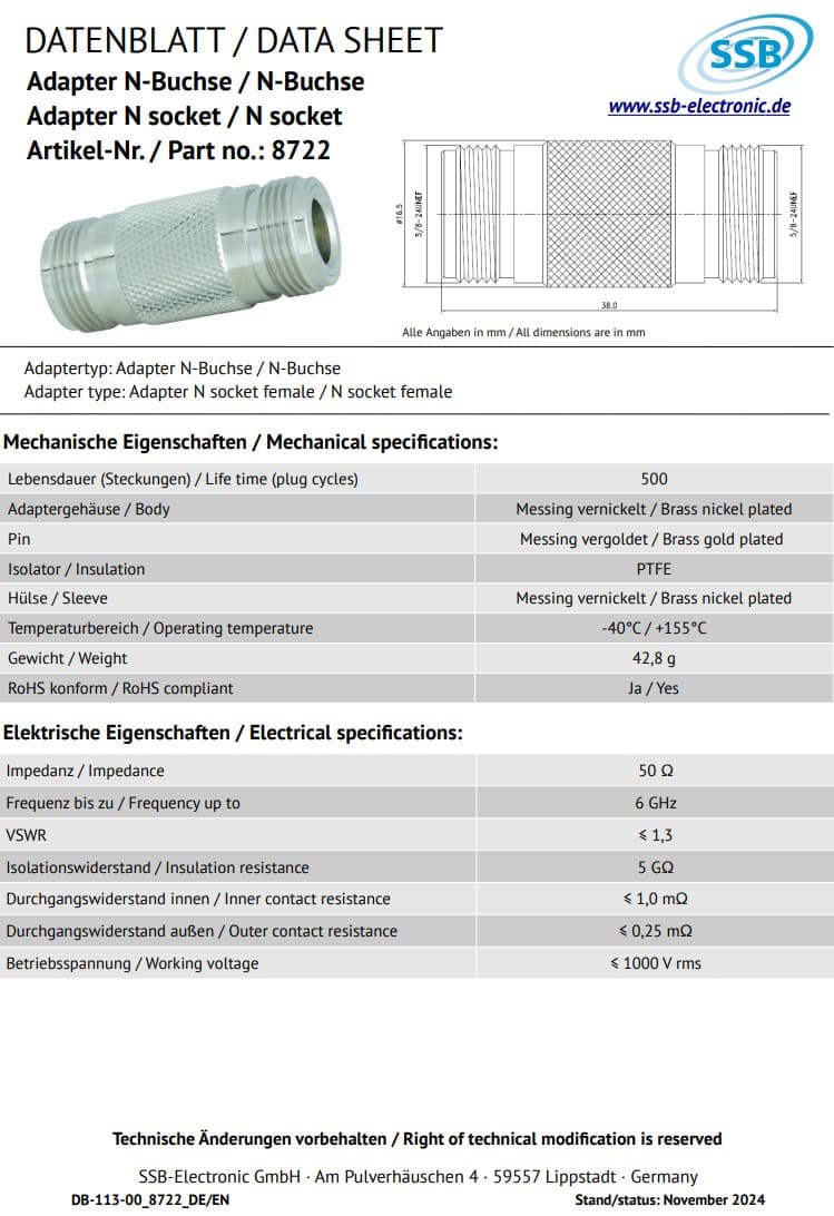 Adapter N-F/N-F beczka przejściówka 2x gniazdo N żeńskie - SSB 8722