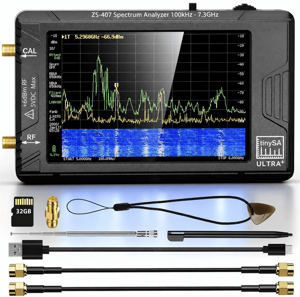 TinySA Ultra+ ZS-407 przenośny analizator widma 100kHz-7,3GHz, generator sygnału, duży wyświetlacz 4"