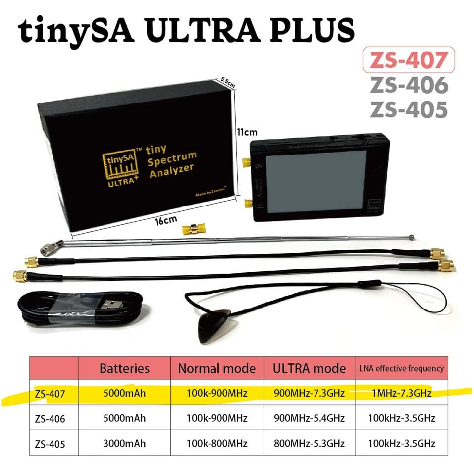 TinySA Ultra+ ZS-407 przenośny analizator widma 100kHz-7,3GHz, generator sygnału, duży wyświetlacz 4"