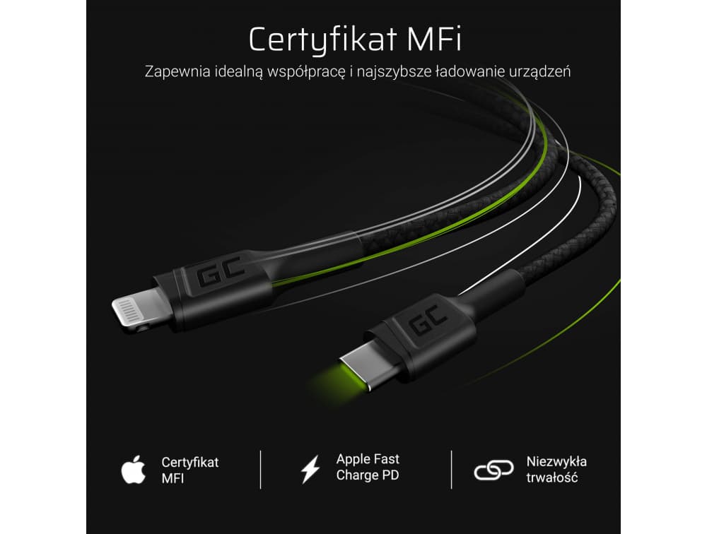 Kabel zasilający USB-C Lightning 100cm Apple iPhone iPad MacBook SUPERJAKOŚĆ GC Power Stream
