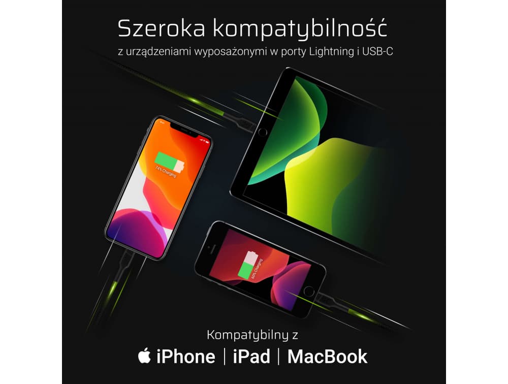 Kabel zasilający USB-C Lightning 100cm Apple iPhone iPad MacBook SUPERJAKOŚĆ GC Power Stream