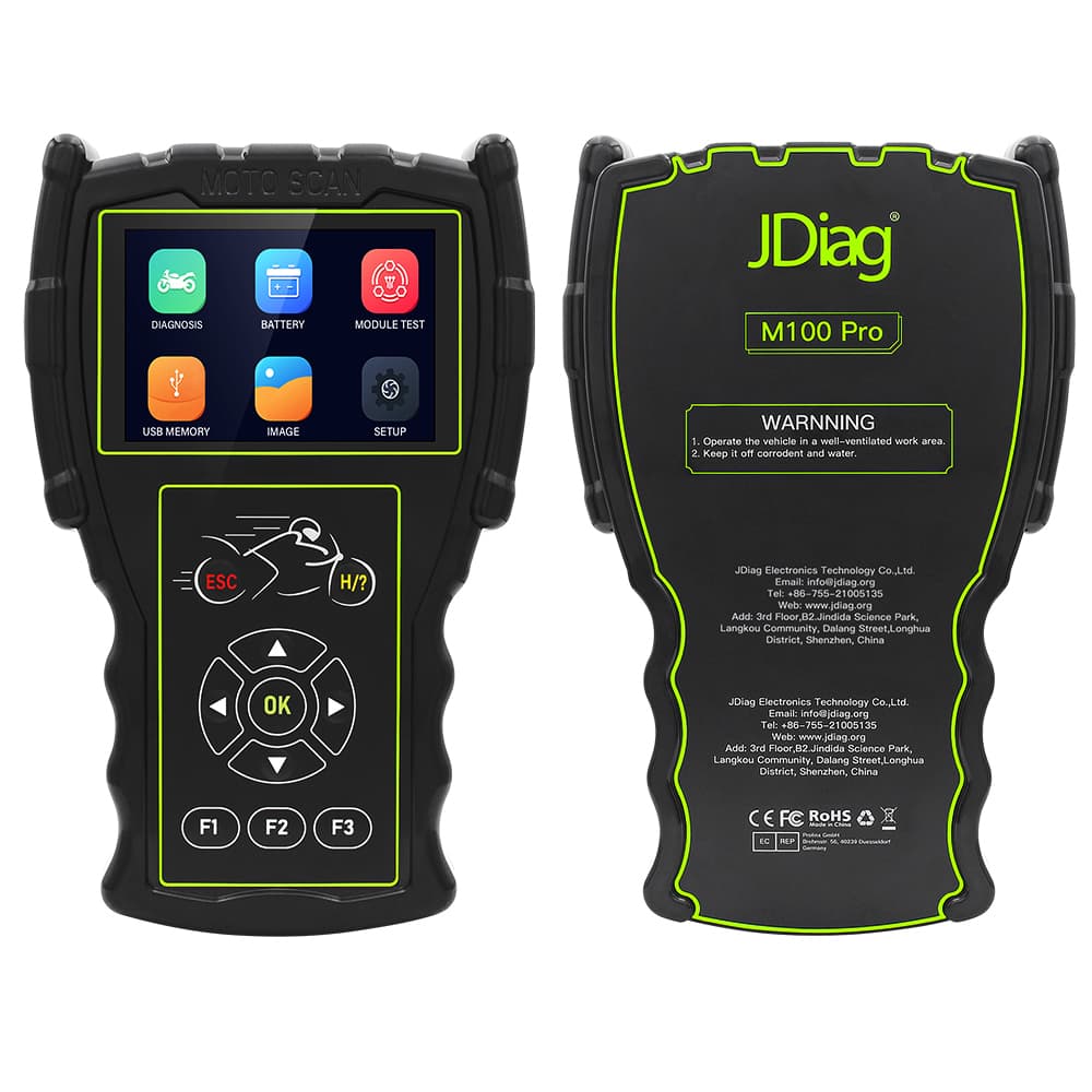 JDiag M100 Pro uniwersalny skaner diagnostyczny OBD-2 do motocykli (funkcja testera baterii, adaptery w zestawie)