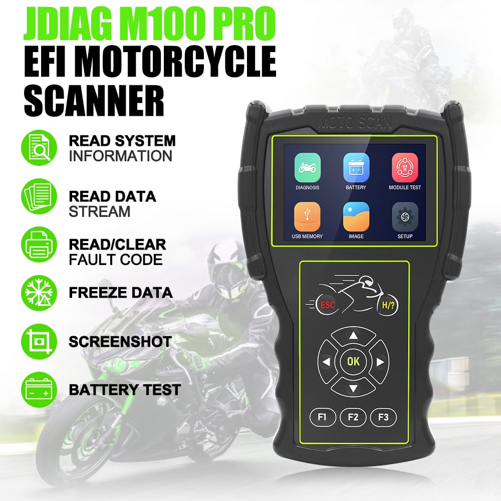 JDiag M100 Pro uniwersalny skaner diagnostyczny OBD-2 do motocykli (funkcja testera baterii, adaptery w zestawie)