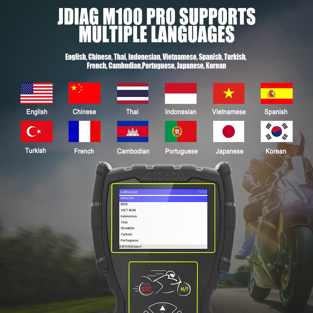 JDiag M100 Pro uniwersalny skaner diagnostyczny OBD-2 do motocykli (funkcja testera baterii, adaptery w zestawie)