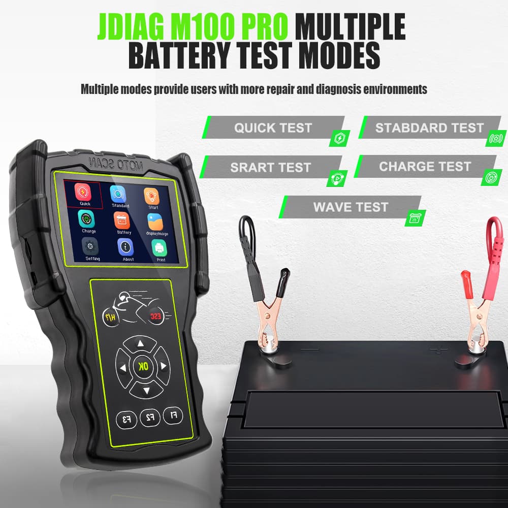 JDiag M100 Pro uniwersalny skaner diagnostyczny OBD-2 do motocykli (funkcja testera baterii, adaptery w zestawie)