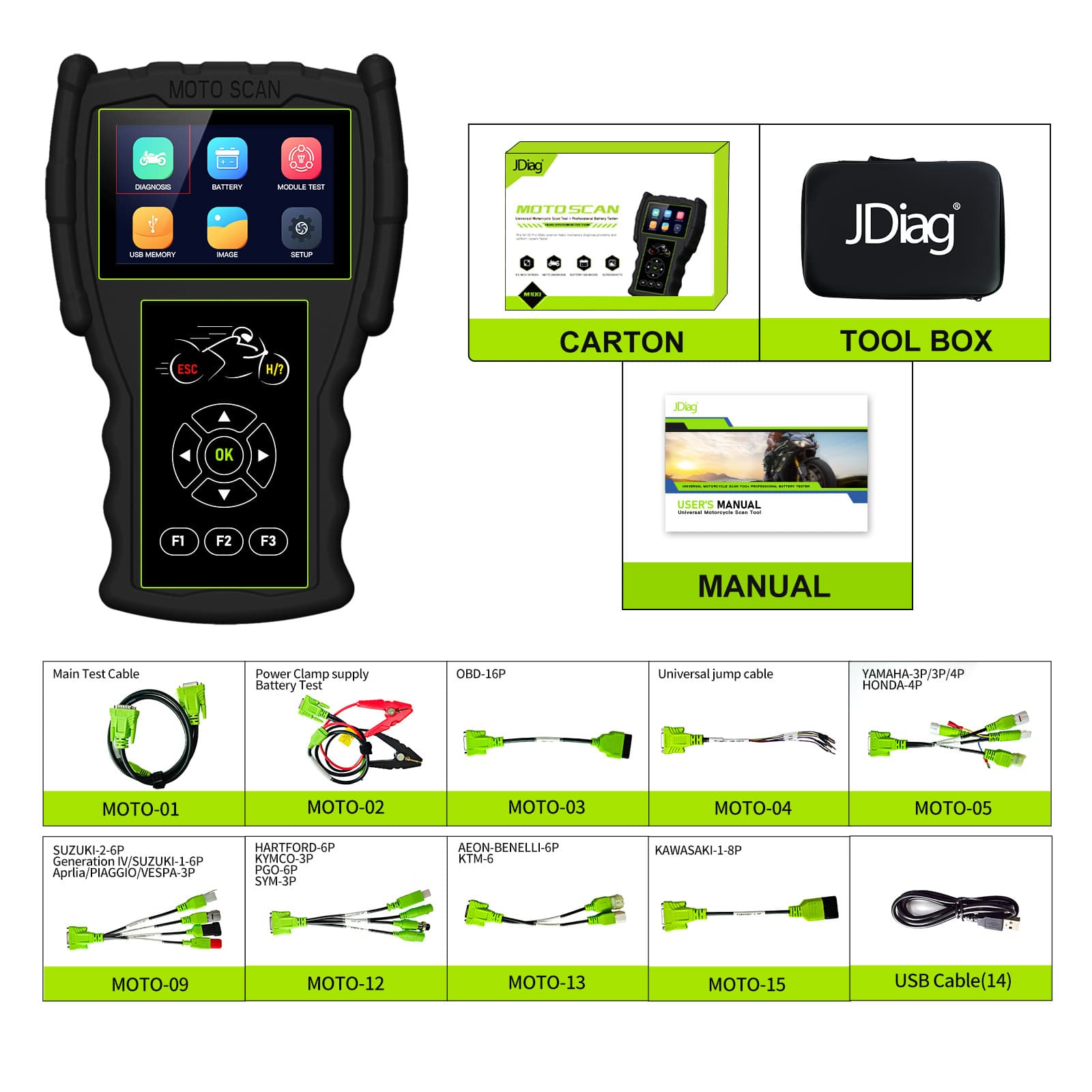 JDiag M100 Pro uniwersalny skaner diagnostyczny OBD-2 do motocykli (funkcja testera baterii, adaptery w zestawie)