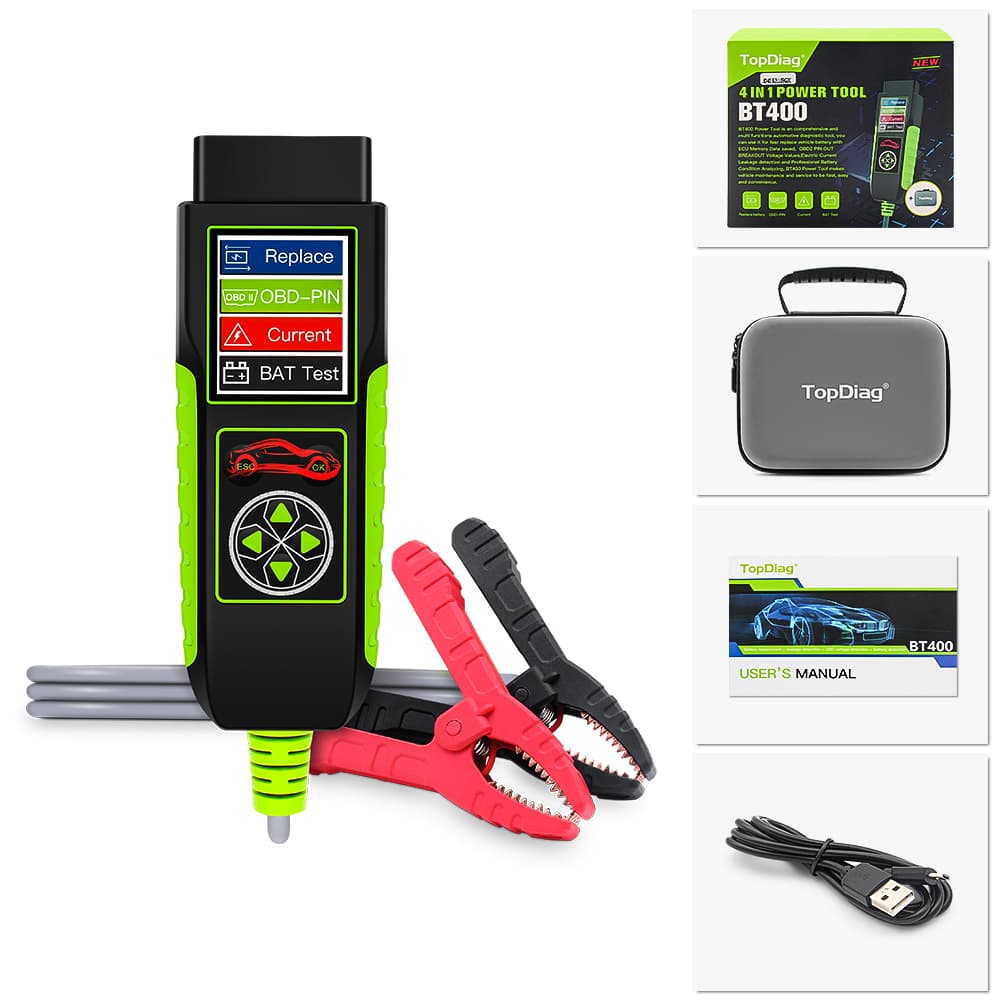 TOPDIAG BT400 PowerTool 4 in1 samochodowy tester zasilania (test baterii, podtrzymanie napięcia, piny OBD2, pobór prądu), POLSKIE MENU