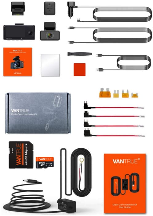 Zestaw VANTRUE E3 + karta pamięci 512GB + moduł zasilania - potrójny wideorejestrator samochodowy (1944P+1080P+1080P 30FPS) 