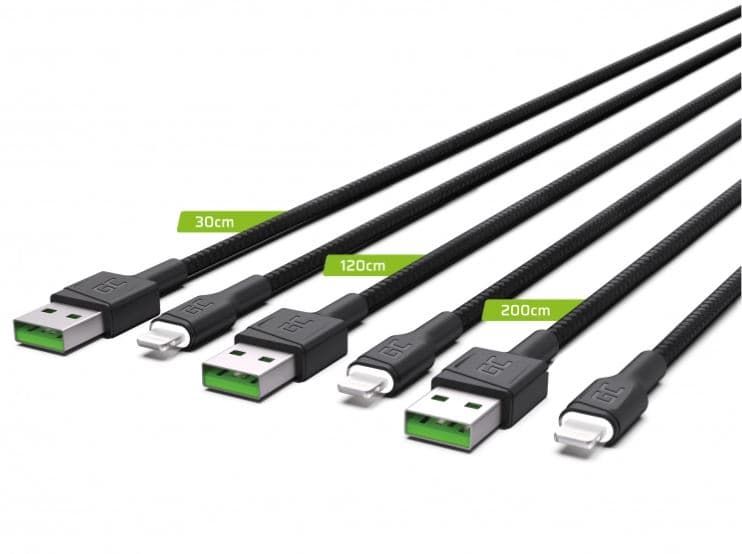 Zestaw trzech kabli GC RAY 30,120, 200cm przewody zasilające USB-A / Lightning - LED nylonowe wytrzymałe SUPERJAKOŚĆ Apple Iphone, Ipad, Airpods