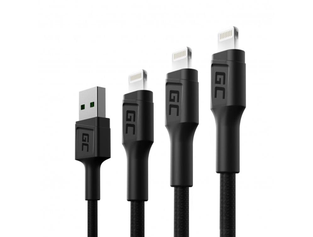 Zestaw trzech kabli GC RAY 30,120, 200cm przewody zasilające USB-A / Lightning - LED nylonowe wytrzymałe SUPERJAKOŚĆ Apple Iphone, Ipad, Airpods