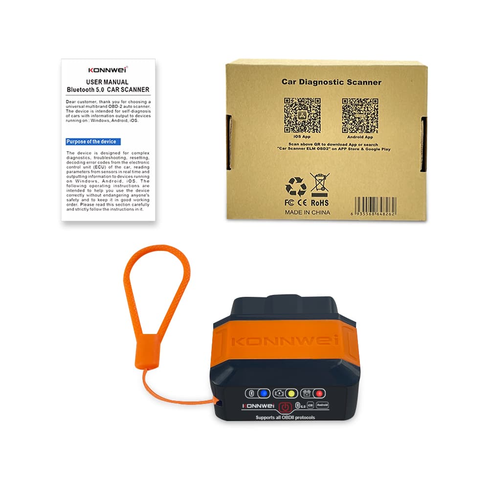 KONNWEI KW906 markowy interfejs diagnostyczny OBD-2 adapter bluetooth 5.0 - odczyt i kasowanie błędów komputera iOS / Android / Windows