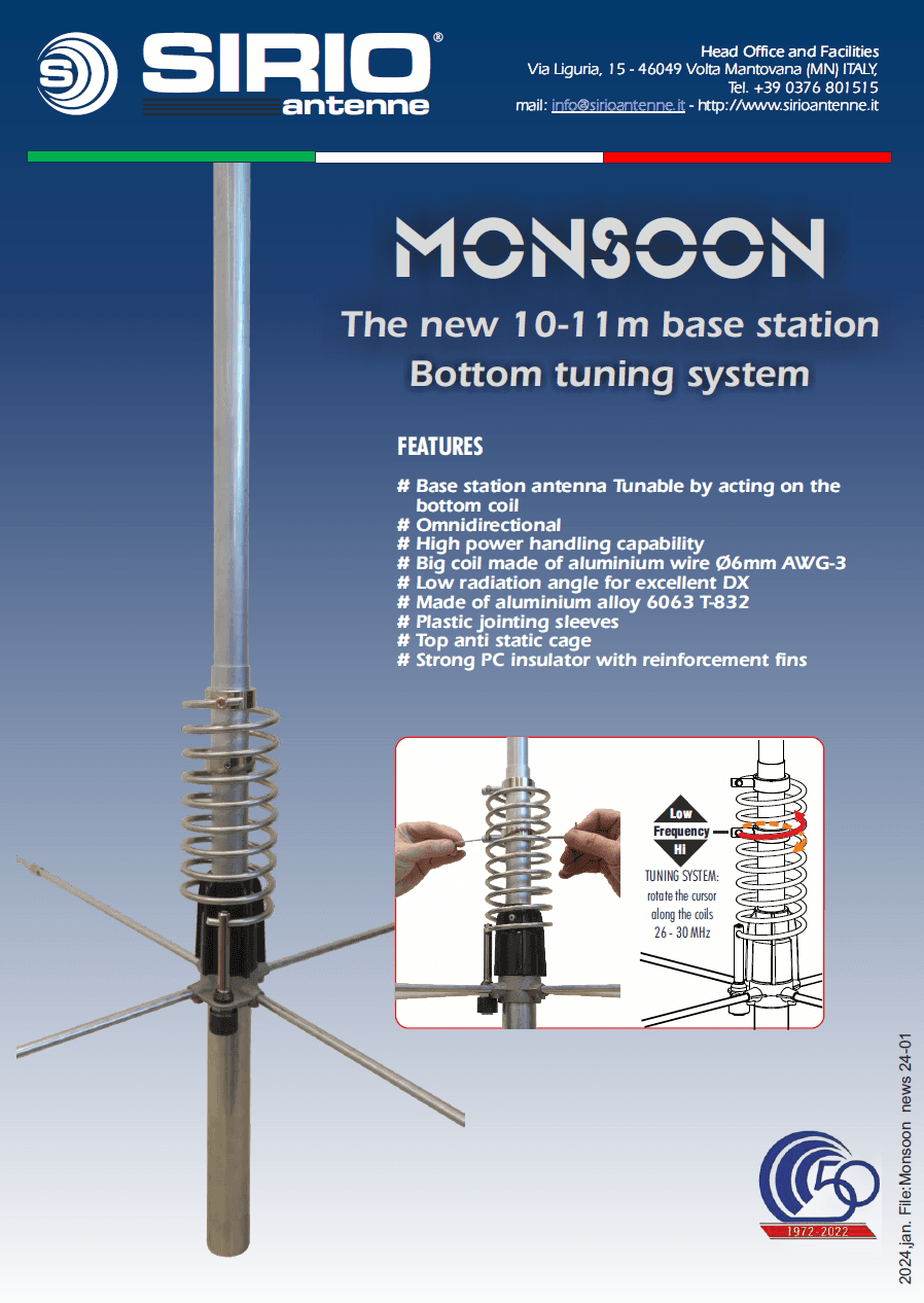 SIRIO MONSOON antena bazowa CB / 10m, 5/8 fali, 26-30MHz, długość 720cm