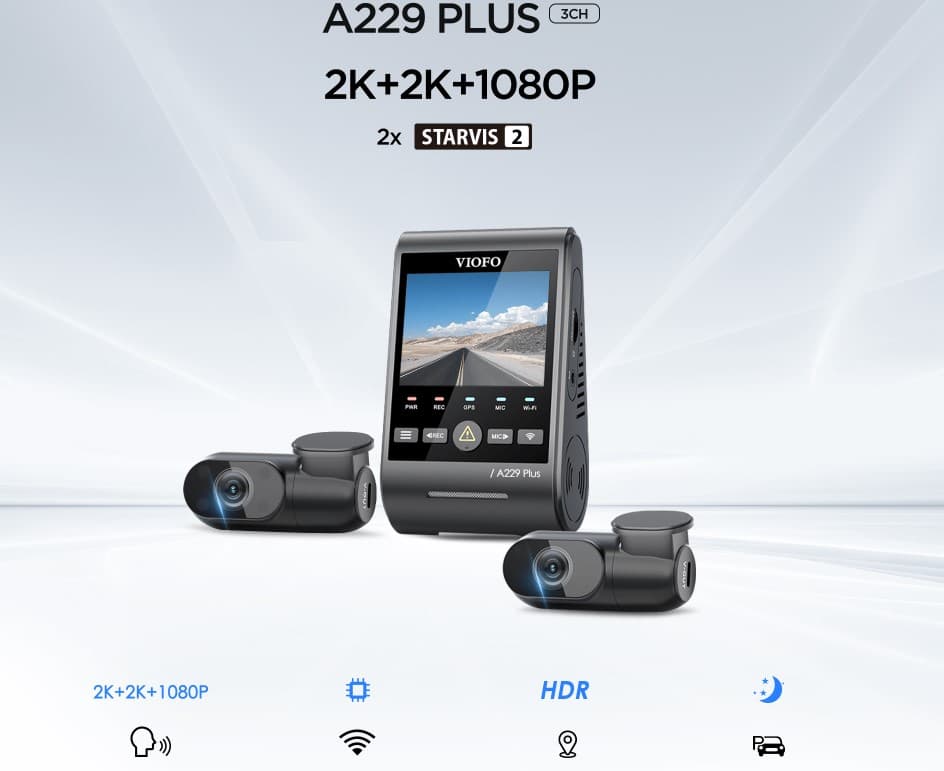 Viofo A229 Plus 3CH dyskretna kamera samochodowa przód 2K + tył 2K + wnętrze 1080P, GPS, Sony Starvis 2, G-sensor, mikrofon, Wi-Fi, BT
