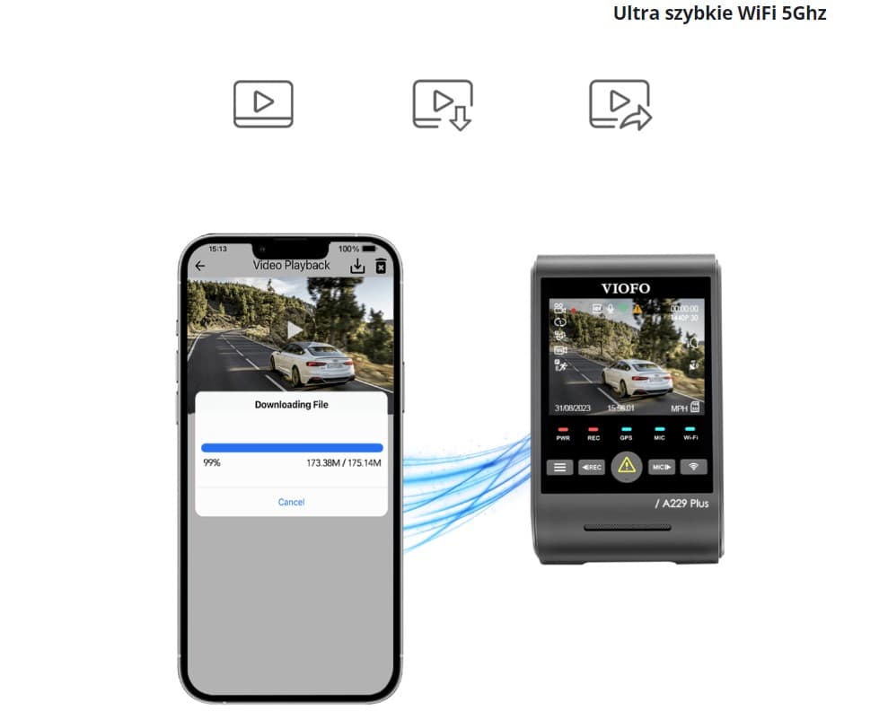 Viofo A229 Plus dyskretna kamera samochodowa przód 2K GPS, Sony Starvis 2, G-sensor, mikrofon, Wi-Fi, BT