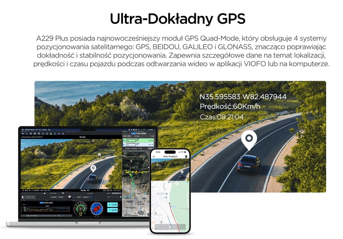 Viofo A229 Plus 3CH dyskretna kamera samochodowa przód 2K + tył 2K + wnętrze 1080P, GPS, Sony Starvis 2, G-sensor, mikrofon, Wi-Fi, BT