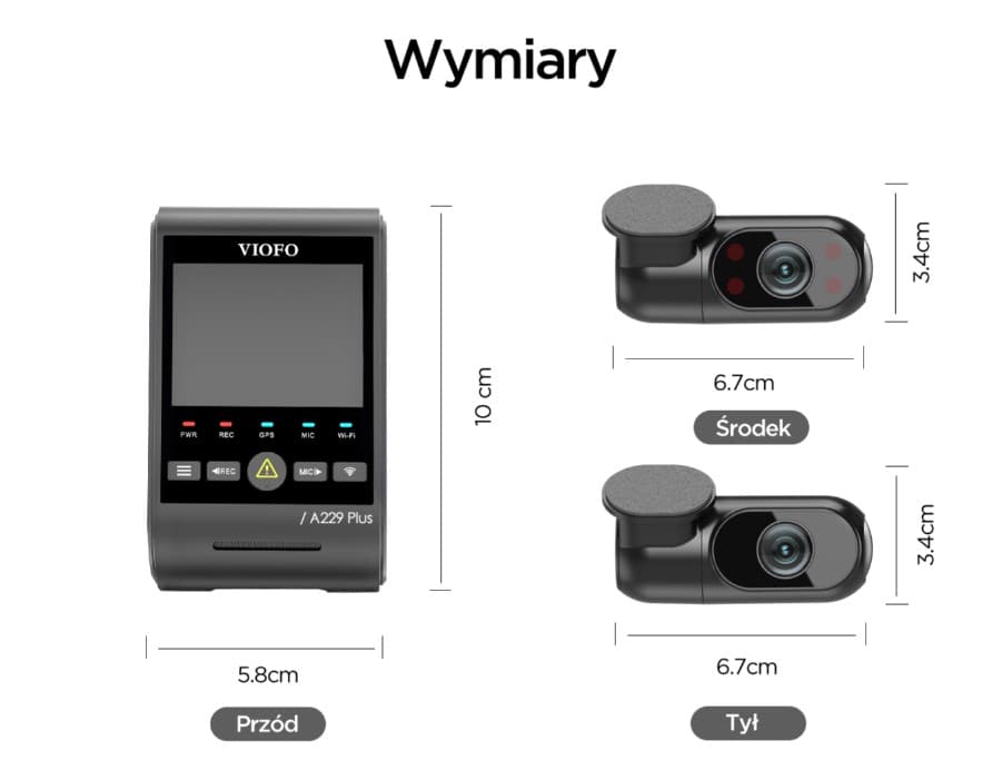 Viofo A229 Plus 3CH dyskretna kamera samochodowa przód 2K + tył 2K + wnętrze 1080P, GPS, Sony Starvis 2, G-sensor, mikrofon, Wi-Fi, BT