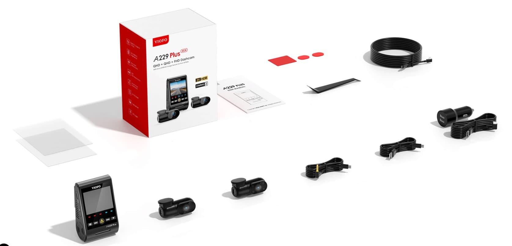 Viofo A229 Plus 3CH dyskretna kamera samochodowa przód 2K + tył 2K + wnętrze 1080P, GPS, Sony Starvis 2, G-sensor, mikrofon, Wi-Fi, BT