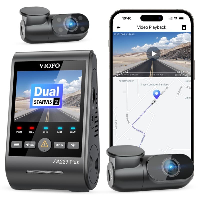 Viofo A229 Plus 3CH dyskretna kamera samochodowa przód 2K + tył 2K + wnętrze 1080P, GPS, Sony Starvis 2, G-sensor, mikrofon, Wi-Fi, BT
