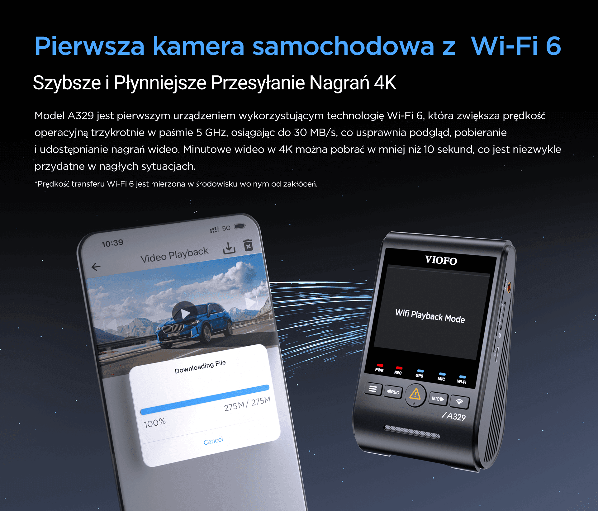 VIOFO A329 1CH kamera samochodowa przód 4K 60FPS, obsługa dysków SSD, HDR, GPS, Sony Starvis 2, G-sensor, mikrofon, Wi-Fi, BT
