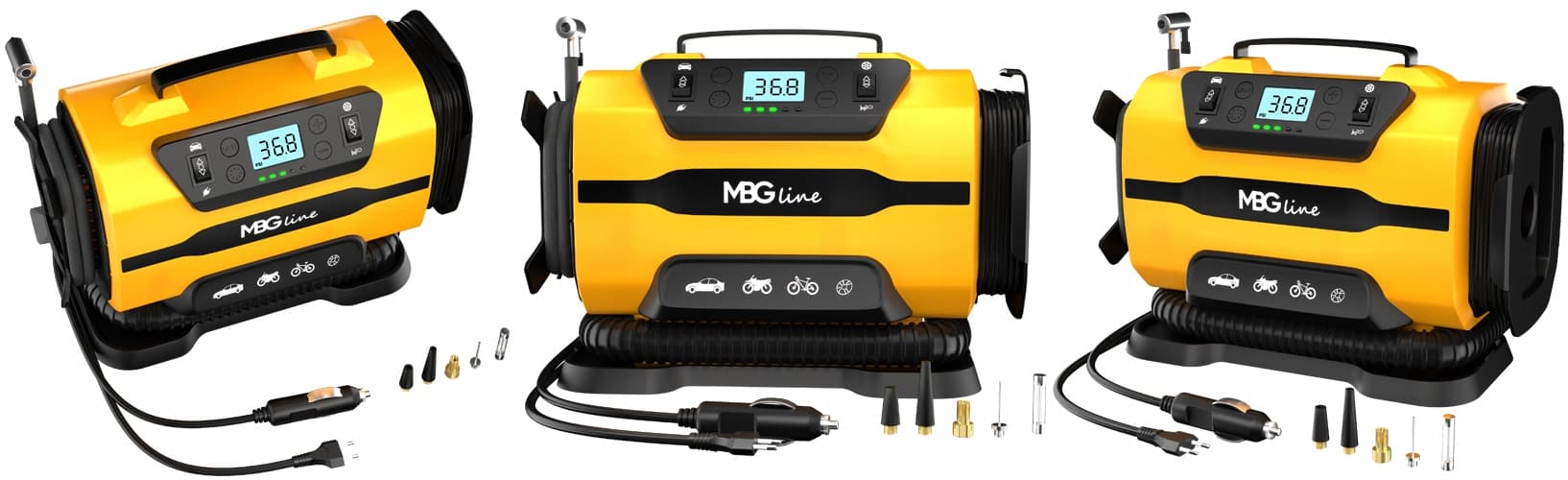 MBG LINE 845 PRO kompresor samochodowy sprężarka pompka elektryczna DC 12V / AC 230V latarka LED LCD