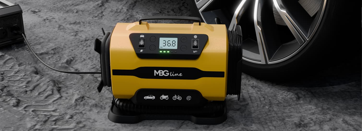 MBG LINE 845 PRO kompresor samochodowy sprężarka pompka elektryczna DC 12V / AC 230V latarka LED LCD